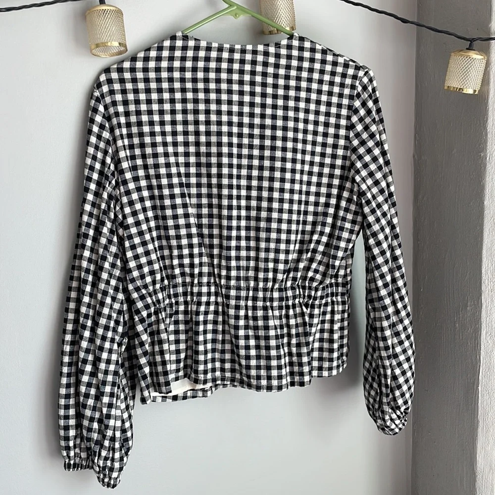 Zara Gingham Linen Blend Puff Sleeve Zipper Jacket Sz M